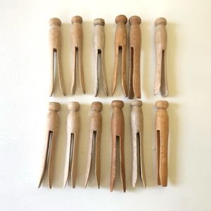 12 Round Vintage Wooden Clothes Pins Rounded Farmhouse Laundry Decor